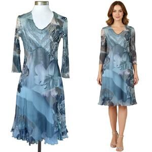 KOMAROV Charmeuse Chiffon V-Neck 3/4 Sleeve Dress Medium Blue-Green Floral Party